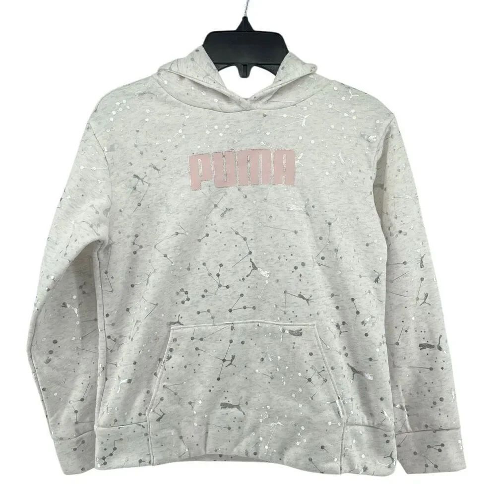 PUMA Girl’s Pink & Silver Logo Pullover Hoodie – Size Medium (8/10)
